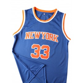 Men's #33 New York Basketball Jersey - Blue & Orange,, Lightweight Polyester, Round Neck Sleeveless Sports Shirt for Training, Competition & Casual Wear