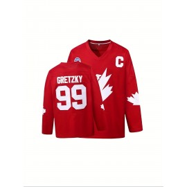Men's #99 Gretzky Canada Cup Ice Hockey Jersey - Vintage Red & White Design, Name & Logo, Moisture-Wicking, Breathable Polyester, V-Neck, Long Sleeve for Team Sports & Casual Wear, Patriotic Clothing | Retro Sports Attire | Detailing