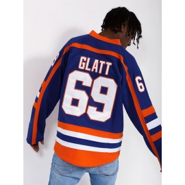 Doug Glatt #69 Halifax Highlanders Vintage Hockey Jersey - Blue & Orange Retro Design,, Moisture-Wicking, Lightweight, V-Neck, Long Sleeve, Loose Fit for Sports, Parties & Casual Wear, Hockey Stocking Stuffers