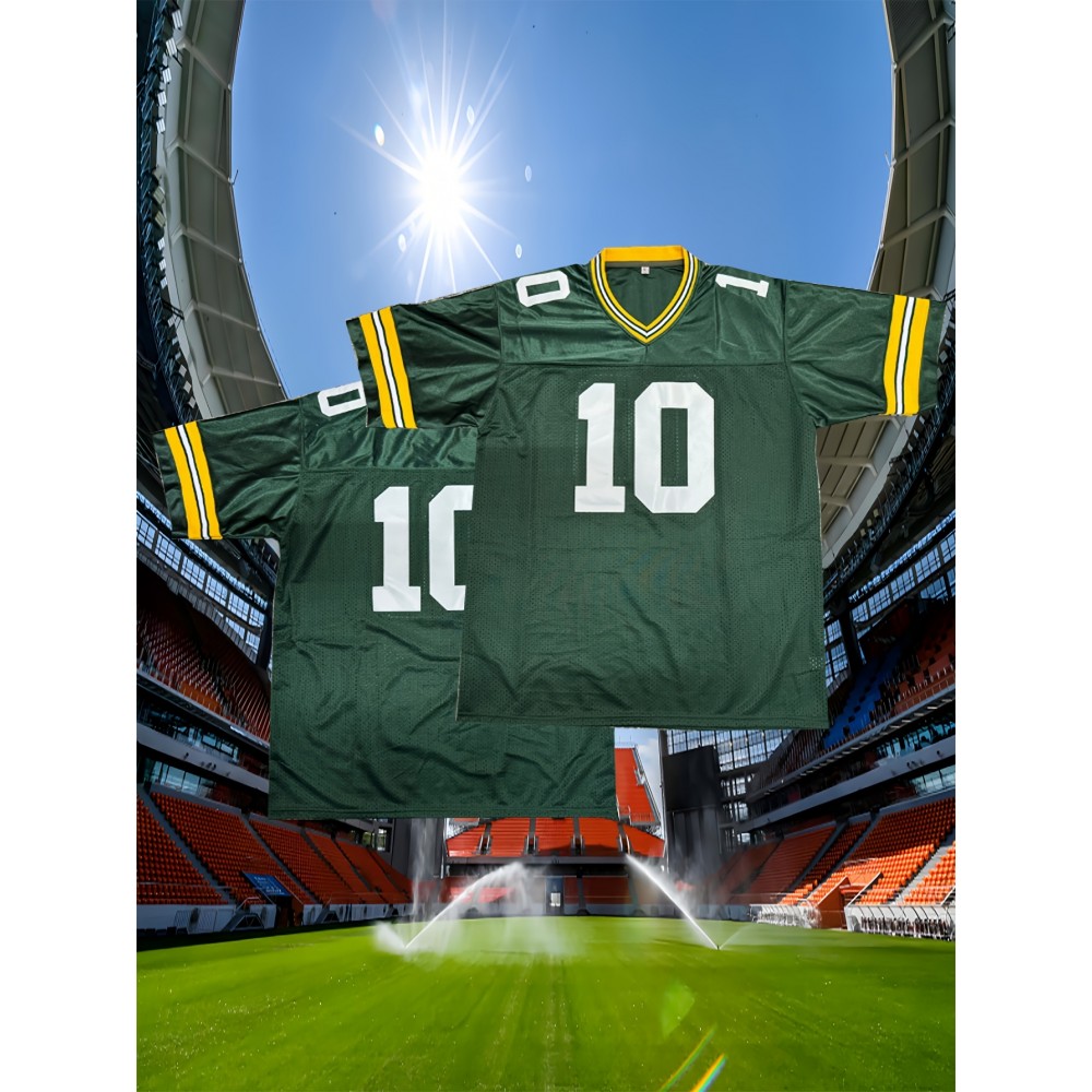 Men'S American Football Sweatshirt # 10 Green Breathable V-neck Embroidered Polyester Sportswear Suitable For Street And Team Sports Loose Knitted Fabric S-3XL