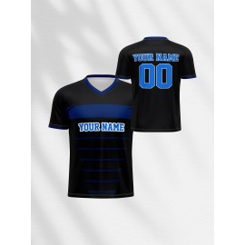 1pc Customizable Kids Football Jersey - Polyester V-Neck Soccer Shirt with Personalized Name & Number, Medium Stretch, All-Over Print, Casual Sports Top for Boys & Girls, Perfect for Training, Beach, Weekend - Knit Fabric, Regular Fit