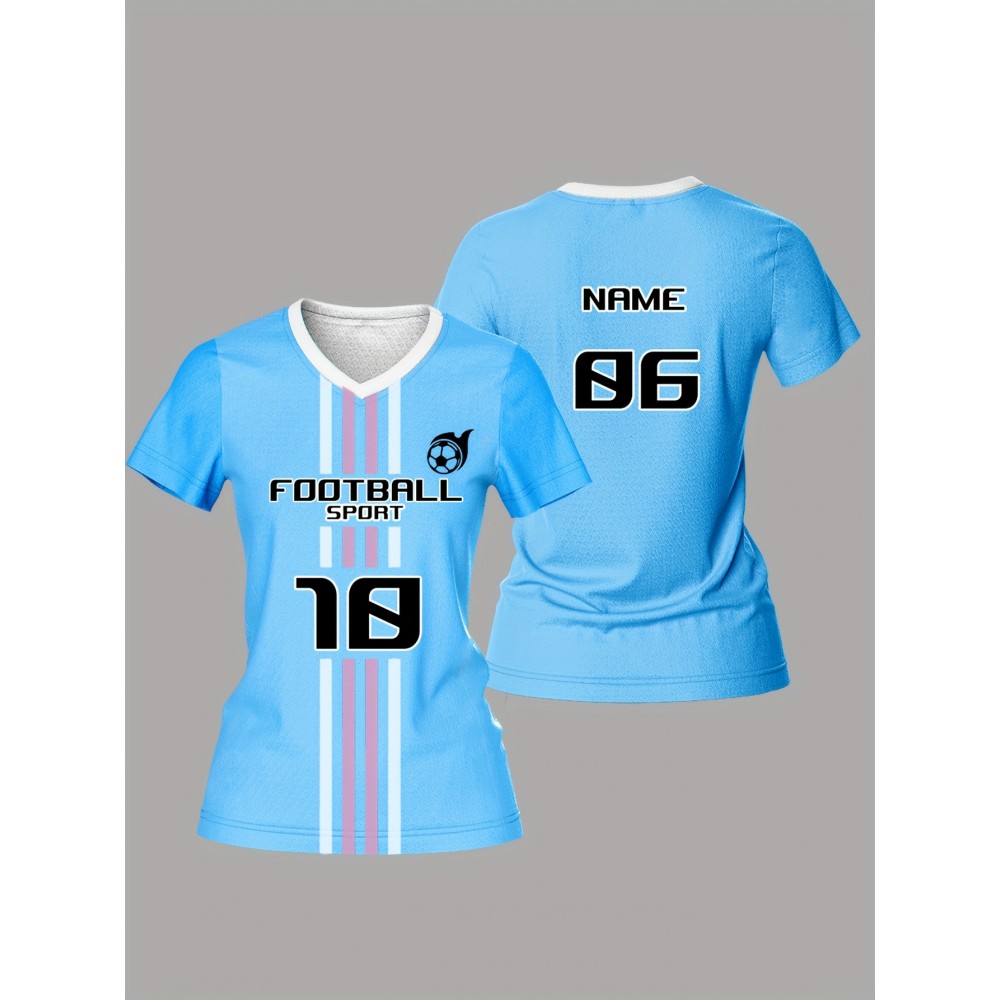 Customizable Women's V-Neck Football Jersey - Personal Name & Number, Breathable Polyester, Quick-Dry Sports Top for Team Training & Casual Wear, Blue with Striped Accents