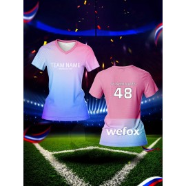 Customized Name & Number Women's V-Neck Football Shirt - Breathable Quick-Dry Moisture-Wicking Jersey, Gradient Color Design for Team Training, Sports Fitness & Casual Wear (Spring/Summer/Fall), Breathable Material
