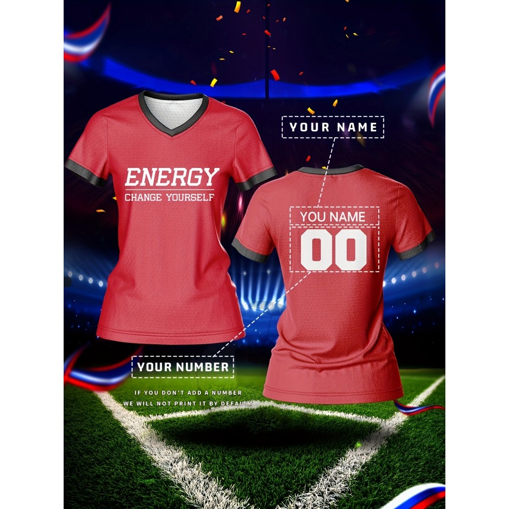 Customizable Women's V-Neck Football Jersey Top - Personalized Name & Number, Breathable, Quick-Drying, Polyester, Ideal for Team Training & Casual Wear, Football Accessories