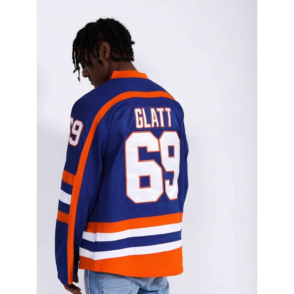 Doug Glatt #69 Halifax Highlanders Vintage Hockey Jersey - Blue & Orange Retro Design,, Moisture-Wicking, Lightweight, V-Neck, Long Sleeve, Loose Fit for Sports, Parties & Casual Wear, Hockey Stocking Stuffers