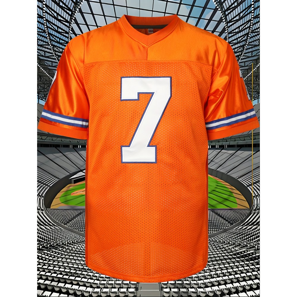 Men's #7 Embroidered Orange Football Jersey - V-Neck, Loose Fit Mesh Fabric, Breathable & Stylish for Spring, Summer, Fall Sports & Casual Wear